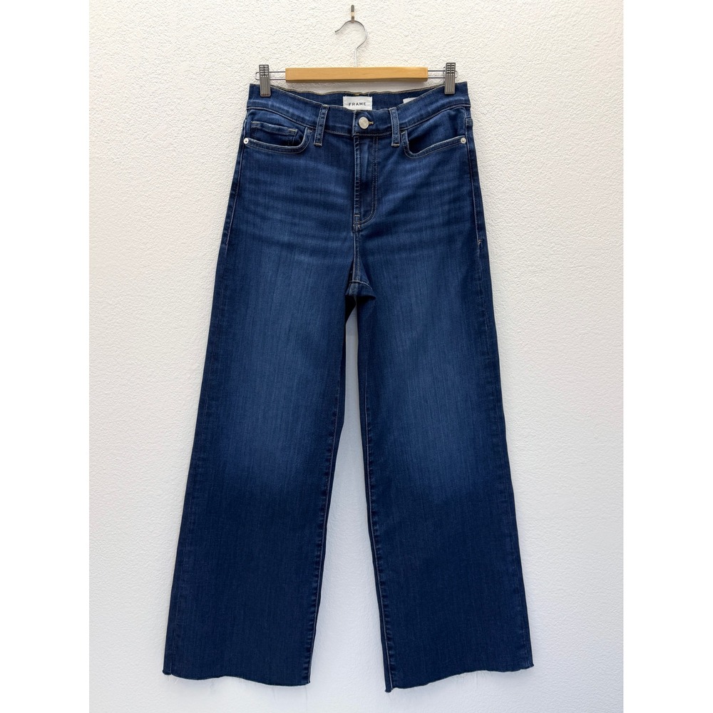Frame Le Slim Palazzo High Rise Wide Leg Jeans Lupine Dark Wash Raw Hem 28